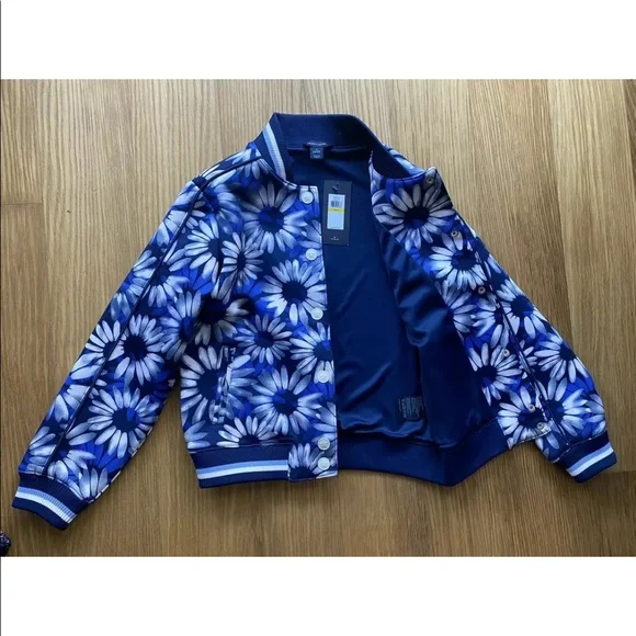 New Tommy Hilfiger Girl Blue Floral PrintBaseball Jacket Bomber Size M 8-10